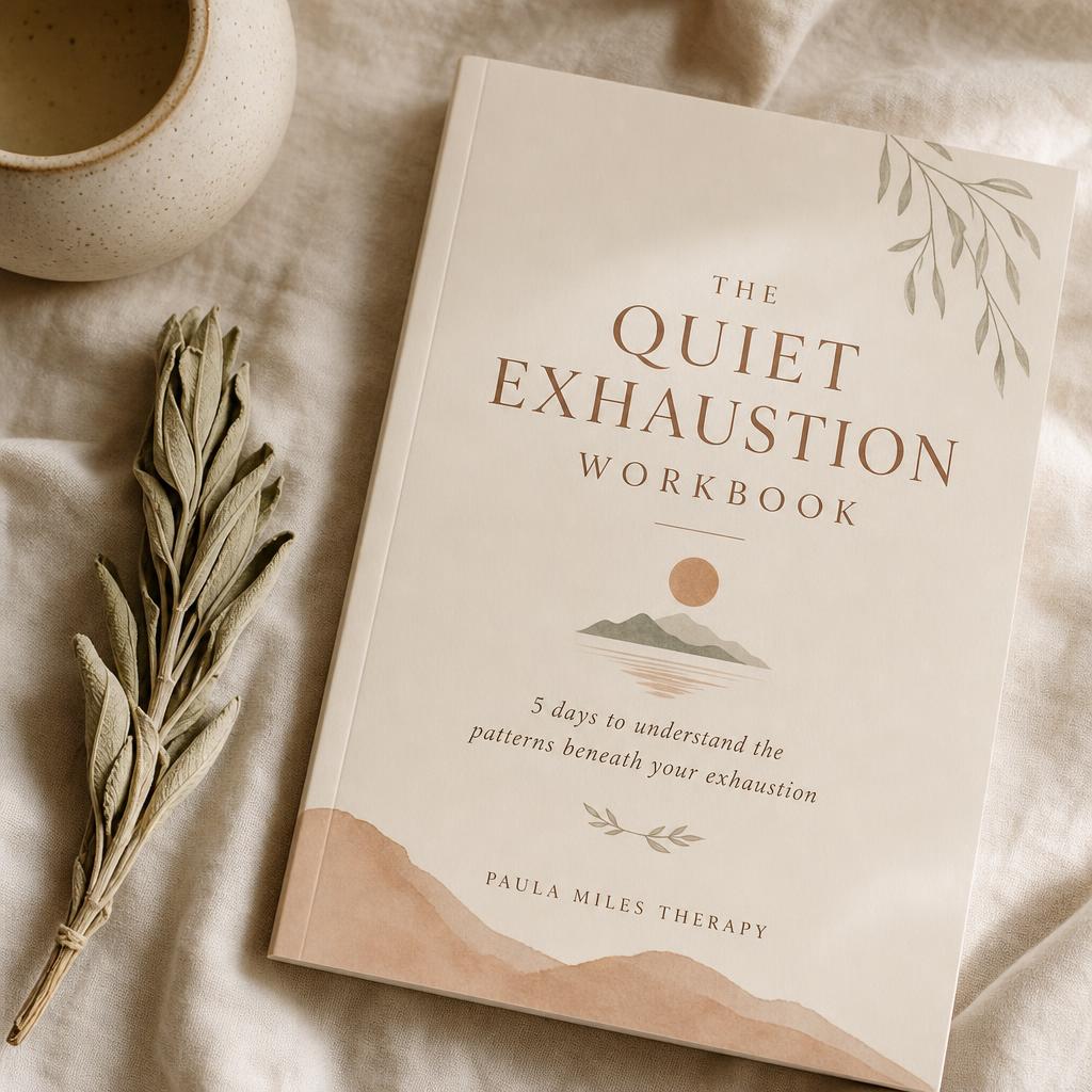 The Quiet Exhaustion Workbook cover beside dried sage